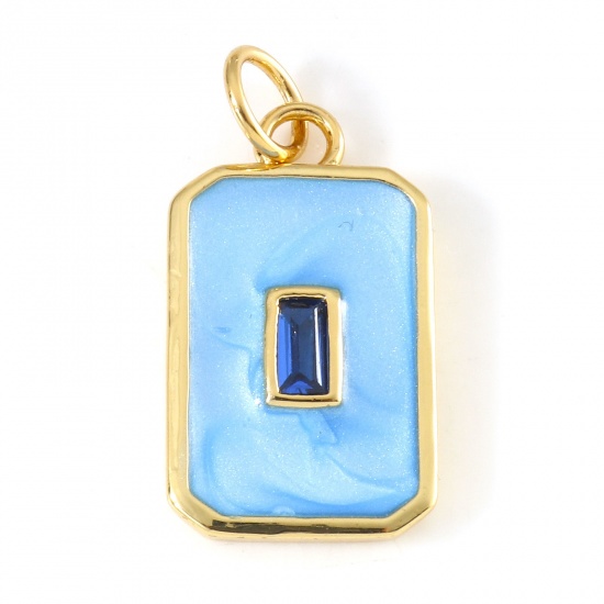 Picture of Brass Geometry Series Charms 18K Real Gold Plated Blue Octagon Enamel Deep Blue Cubic Zirconia 22mm x 10mm, 1 Piece