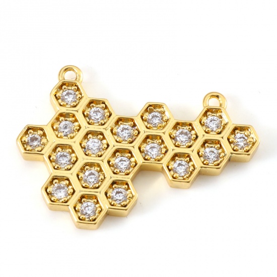 Picture of Brass Insect Charms 18K Real Gold Plated Dainty Beehive Micro Pave Clear Cubic Zirconia 24mm x 16.5mm, 1 Piece                                                                                                                                                