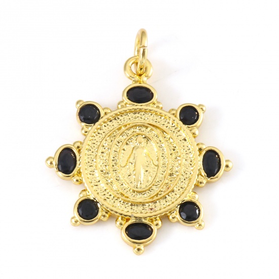 Picture of Brass Religious Charms 18K Real Gold Plated Black Sun Virgin Mary Black Cubic Zirconia 25.5mm x 19.5mm, 1 Piece                                                                                                                                               