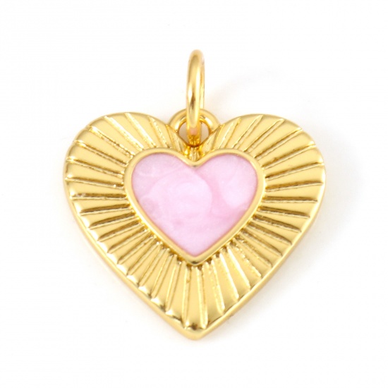 Picture of Brass Valentine's Day Charms 18K Real Gold Plated Pink Heart Enamel 16mm x 13.5mm, 1 Piece                                                                                                                                                                    