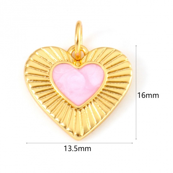 Picture of Brass Valentine's Day Charms 18K Real Gold Plated Pink Heart Enamel 16mm x 13.5mm, 1 Piece