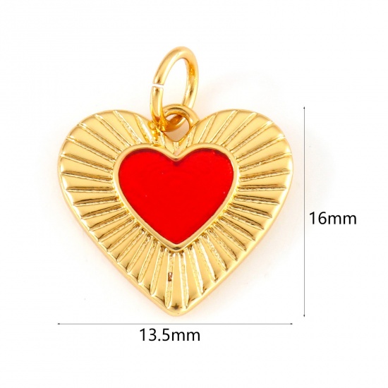 Bild von Messing Valentinstag Charms 18K Echtgold plattiert Rot Herz Emaille 16mm x 13.5mm, 1 Stück