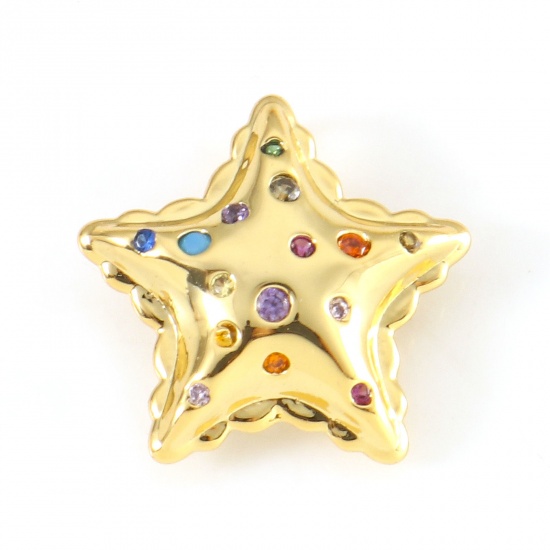 Picture of Brass Galaxy Charms 18K Real Gold Plated Pentagram Star Micro Pave Multicolour Cubic Zirconia 13mm x 13mm, 1 Piece                                                                                                                                            