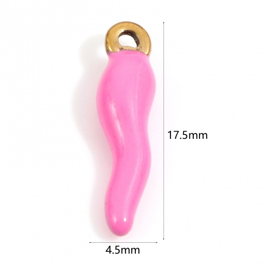 Image de 2 Pcs Breloques en 304 Acier Inoxydable Placage sous Vide Piment Doré Fuchsia Émail 17.5mm x 4.5mm 
