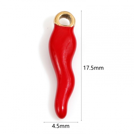 Picture of 2 PCs Vacuum Plating 304 Stainless Steel Charms Gold Plated Red Cornicello Italian Horn Chili Enamel 17.5mm x 4.5mm