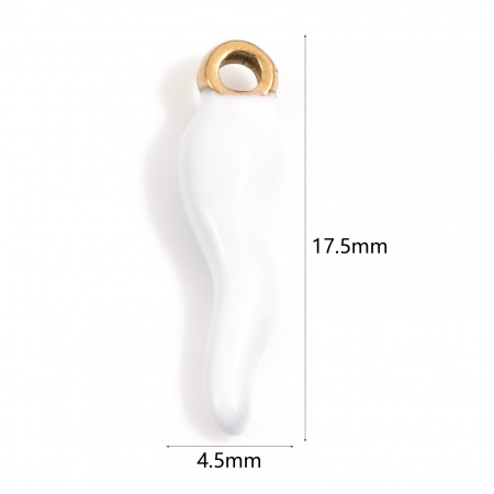 Picture of 2 PCs Vacuum Plating 304 Stainless Steel Charms Gold Plated White Cornicello Italian Horn Chili Enamel 17.5mm x 4.5mm