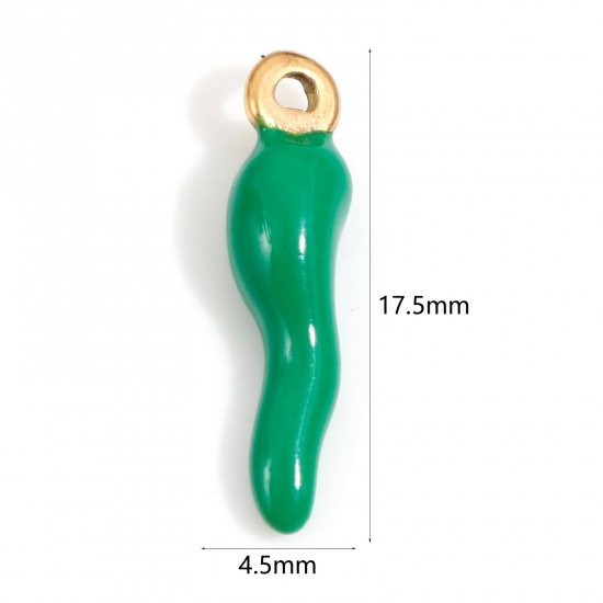 Image de 2 Pcs Breloques en 304 Acier Inoxydable Placage sous Vide Piment Doré Vert Émail 17.5mm x 4.5mm 