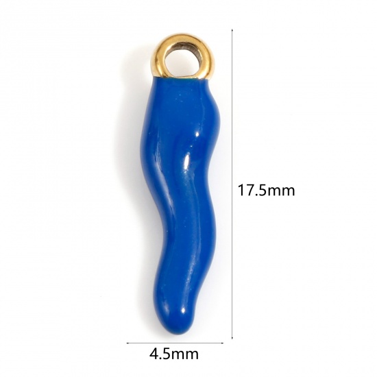 Image de 2 Pcs Breloques en 304 Acier Inoxydable Placage sous Vide Piment Doré Bleu Foncé Émail 17.5mm x 4.5mm 