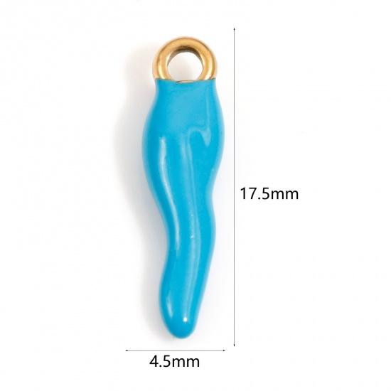 Image de 2 Pcs Breloques en 304 Acier Inoxydable Placage sous Vide Piment Doré Bleu Émail 17.5mm x 4.5mm 