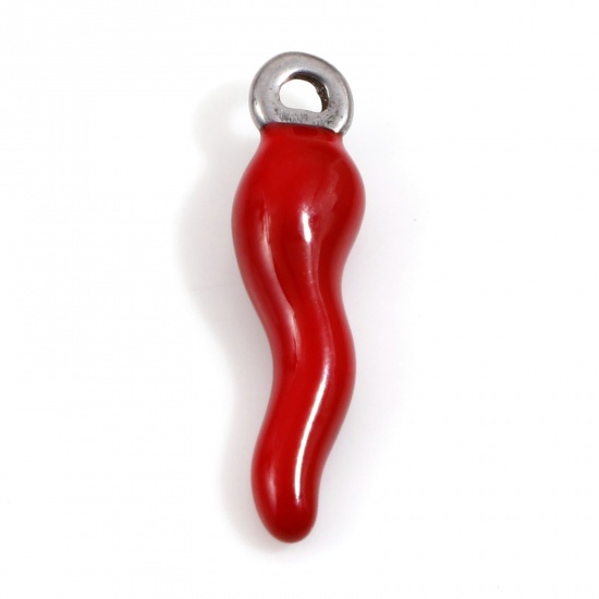Immagine di 304 Acciaio Inossidabile Charms Peperone Tono Argento Rosso Smalto 17.5mm x 4.5mm, 2 Pz