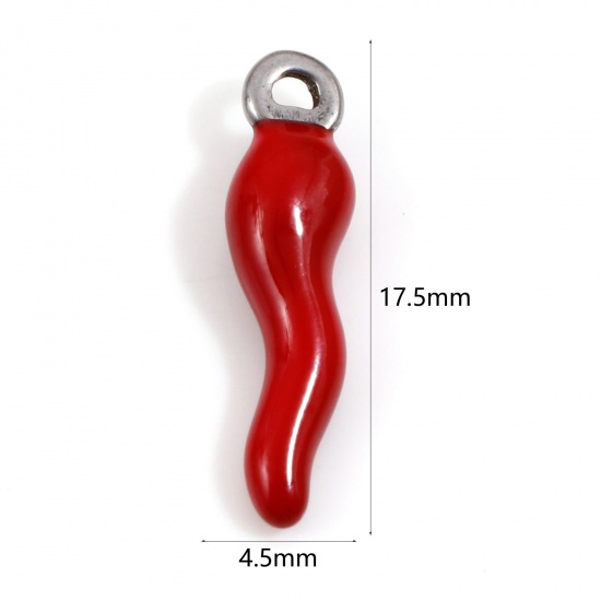 Immagine di 304 Acciaio Inossidabile Charms Peperone Tono Argento Rosso Smalto 17.5mm x 4.5mm, 2 Pz