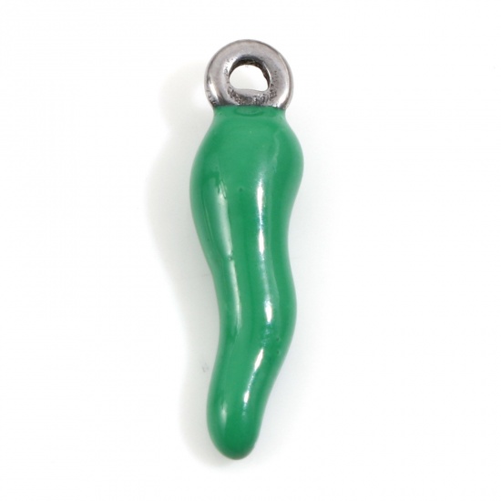 Immagine di 304 Acciaio Inossidabile Charms Peperone Tono Argento Verde Smalto 17.5mm x 4.5mm, 2 Pz
