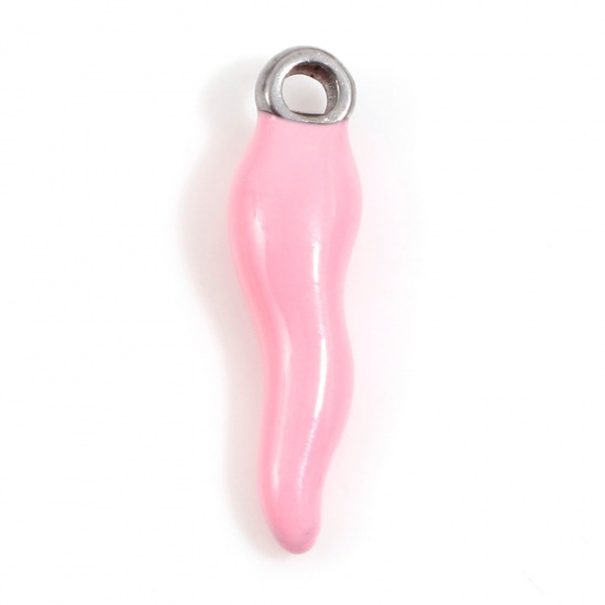Immagine di 304 Acciaio Inossidabile Charms Peperone Tono Argento Rosa Chiaro Smalto 17.5mm x 4.5mm, 2 Pz
