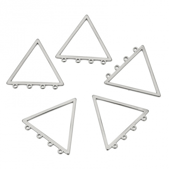 Picture of 10 PCs 304 Stainless Steel Connectors Charms Pendants Silver Tone Triangle Hollow 30mm x 28mm