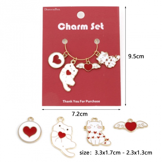 Image de Pendentifs en Alliage de Zinc Chat Doré Blanc & Rouge Cœur Émail 3.3x1.7cm - 2.3x1.3cm, 1 Kit ( 4 Pcs/Kit)