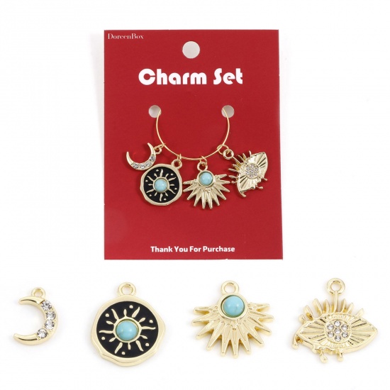 Picture of Zinc Based Alloy Galaxy Charms Gold Plated Half Moon Sun Imitation Turquoise 25x21mm - 19x10mm, 1 Set( 4 PCs/Set)