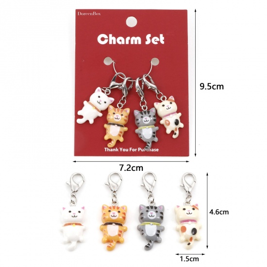 Picture of Zinc Based Alloy & Resin Clip On Charms For Vintage Charm Bracelets Knitting Stitch Markers Silver Tone Multicolor Cat Animal 4.6cm x 1.5cm, 1 Set ( 4 PCs/Set)