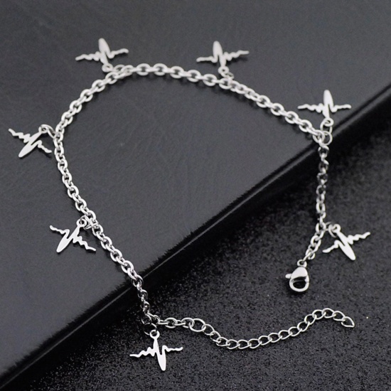 Image de Chaînes de Cheville Élégant en 304 Acier Inoxydable Chaîne Maille Cheval Argent Mat Electrocardiogramme 21cm long, 1 Pièce