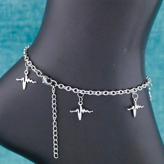Image de Chaînes de Cheville Élégant en 304 Acier Inoxydable Chaîne Maille Cheval Argent Mat Electrocardiogramme 21cm long, 1 Pièce