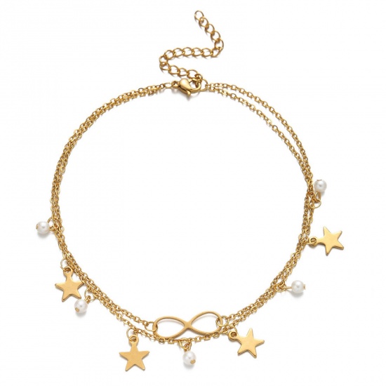 Picture of 304 Stainless Steel Boho Chic Bohemia Link Cable Chain Anklet Gold Plated Pentagram Star 25cm(9 7/8") long, 1 Piece