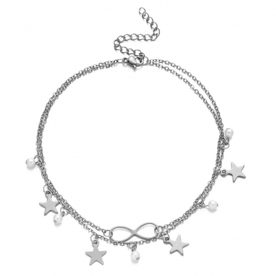 Picture of 304 Stainless Steel Boho Chic Bohemia Link Cable Chain Anklet Silver Tone Pentagram Star 25cm(9 7/8") long, 1 Piece