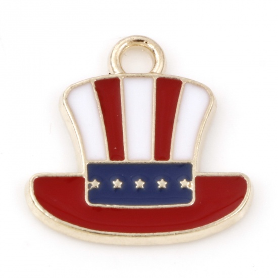 Picture of Zinc Based Alloy Sport Charms Gold Plated Red & Blue Hat Flag Of The United States Enamel 15mm x 15mm, 20 PCs