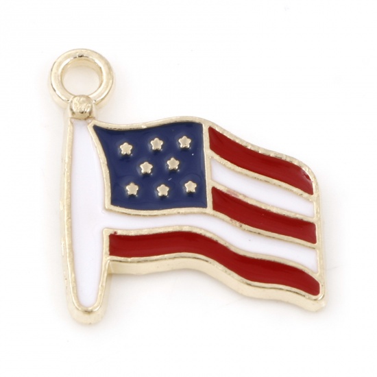 Picture of Zinc Based Alloy Sport Charms Gold Plated Red & Blue National Flag Flag Of The United States Enamel 17mm x 15mm, 20 PCs