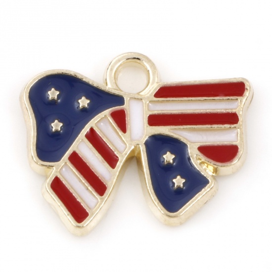 Picture of Zinc Based Alloy Sport Charms Gold Plated Red & Blue Bowknot Flag Of The United States Enamel 16mm x 13mm, 20 PCs