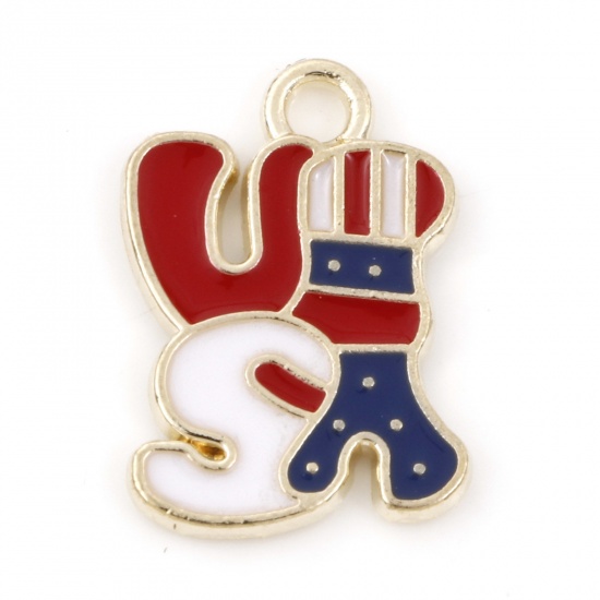 Picture of Zinc Based Alloy Sport Charms Gold Plated Red & Blue Flag Of The United States Message " USA " Enamel 17mm x 12mm, 20 PCs