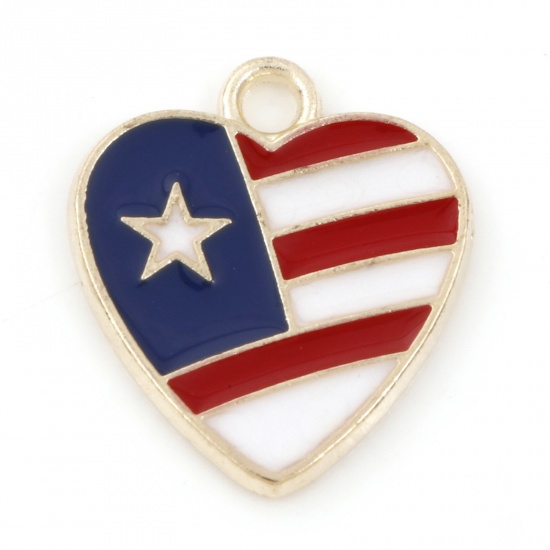 Picture of Zinc Based Alloy Sport Charms Gold Plated Red & Blue Heart Flag Of The United States Enamel 17mm x 15mm, 20 PCs