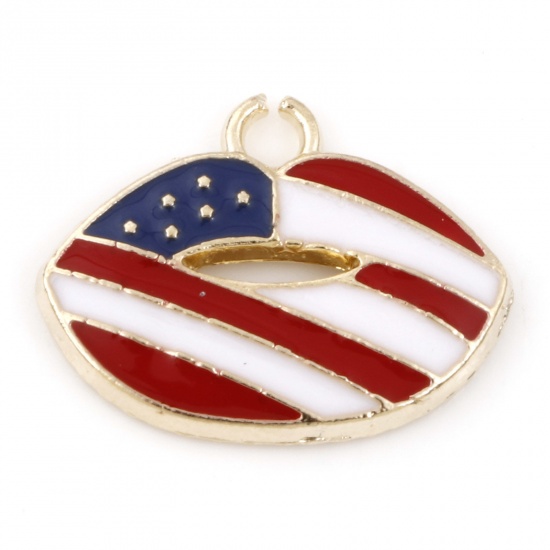 Picture of Zinc Based Alloy Sport Charms Gold Plated Red & Blue Lip Flag Of The United States Enamel 18mm x 14mm, 20 PCs