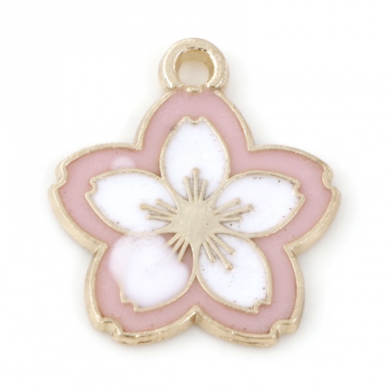 Picture of Zinc Based Alloy Charms Gold Plated White & Pink Flower Enamel 20mm x 18mm, 10 PCs