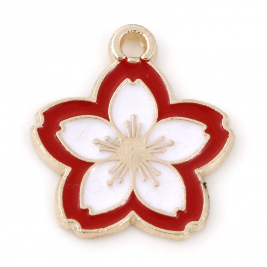 Picture of Zinc Based Alloy Charms Gold Plated White & Red Flower Enamel 20mm x 18mm, 10 PCs