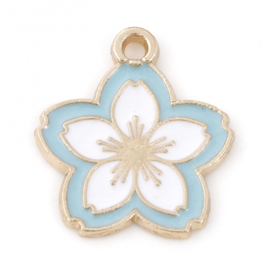 Picture of Zinc Based Alloy Charms Gold Plated White & Blue Flower Enamel 20mm x 18mm, 10 PCs