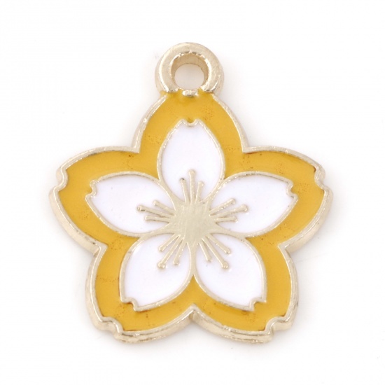 Picture of Zinc Based Alloy Charms Gold Plated White & Yellow Flower Enamel 20mm x 18mm, 10 PCs