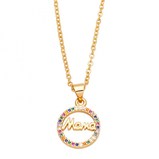 Picture of Brass Mother's Day Pendant Necklace Circle Ring 18K Gold Plated Micro Pave Message " Mama " Multicolor Rhinestone 44cm(17 3/8") long, 1 Piece                                                                                                                 