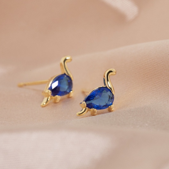 Picture of Copper Cute Ear Post Stud Earrings Gold Plated Dinosaur Animal Royal Blue Cubic Zirconia 9mm x 8mm, 1 Pair