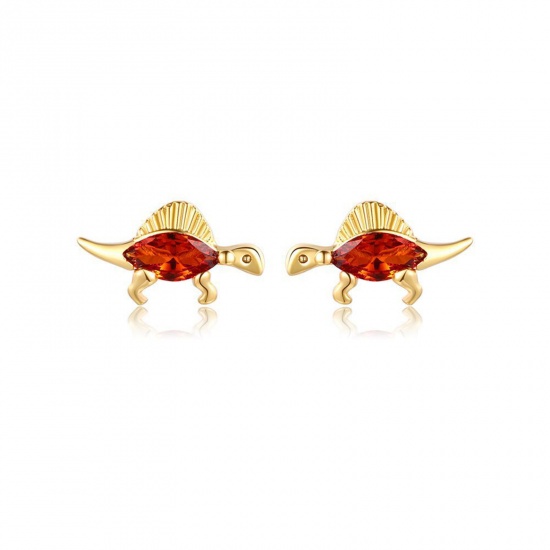 Picture of Copper Cute Ear Post Stud Earrings Gold Plated Dinosaur Animal Orange Cubic Zirconia 10mm x 5mm, 1 Pair