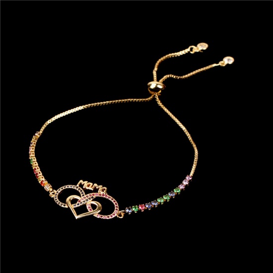 Picture of Copper Mother's Day Adjustable Slider/ Slide Bolo Bracelets Heart Infinity Symbol Message " Mama " Gold Plated Micro Pave Multicolour Cubic Zirconia 16cm - 22cm long, 1 Piece