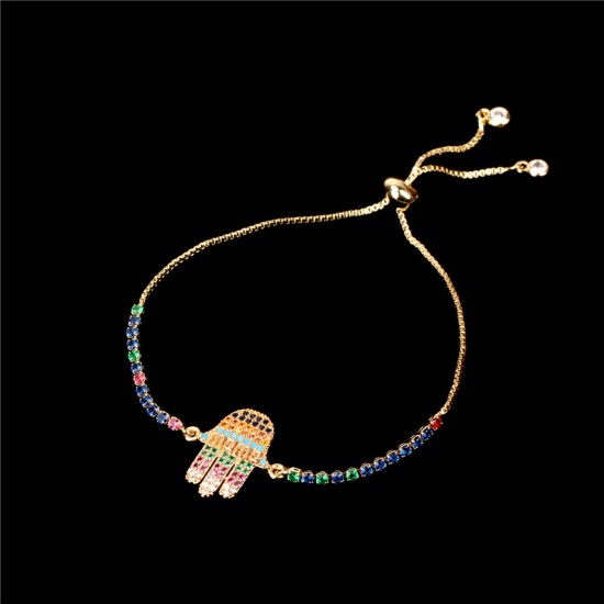 Picture of Brass Mother's Day Adjustable Slider/ Slide Bolo Bracelets Hamsa Symbol Hand Gold Plated Micro Pave Multicolour Cubic Zirconia 16cm - 22cm long, 1 Piece                                                                                                      