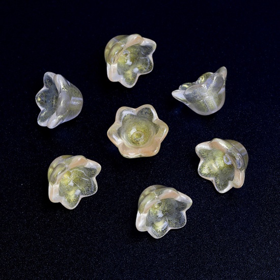 Picture of Lampwork Glass Beads Caps Flower Pale Yellow Gradient Color 10mm x 7.5mm, 20 PCs