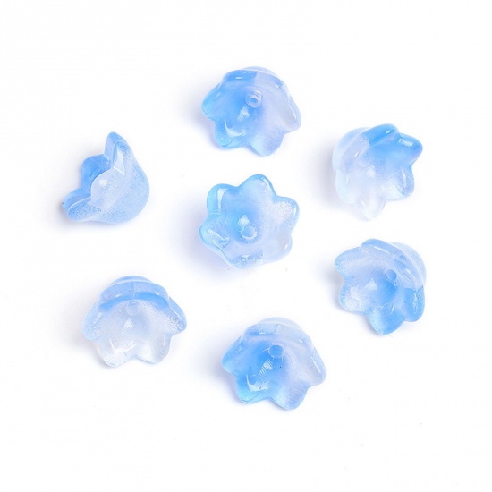 Picture of Lampwork Glass Beads Caps Flower White & Blue Gradient Color 10mm x 7.5mm, 20 PCs
