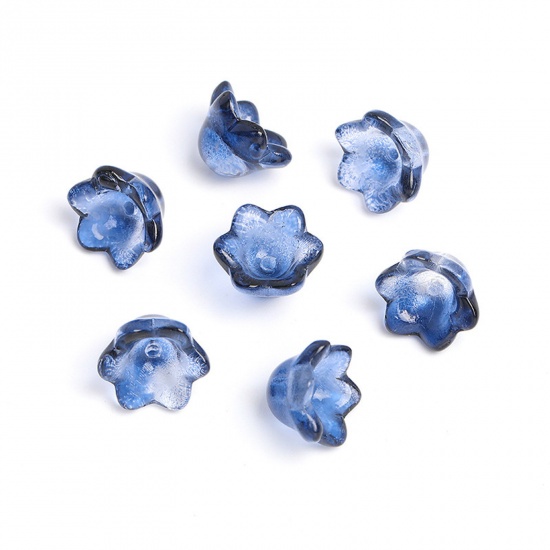 Picture of Lampwork Glass Beads Caps Flower Dark Blue Gradient Color 10mm x 7.5mm, 20 PCs