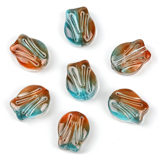 Picture of Lampwork Glass Beads Tulip Flower Green & Orange Gradient Color About 10.5mm x 8.4mm, Hole: Approx 0.8mm, 20 PCs