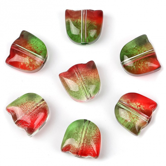 Picture of Lampwork Glass Beads Tulip Flower Red & Green Gradient Color About 9mm x 8.8mm, Hole: Approx 1.1mm, 20 PCs