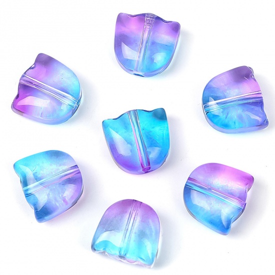 Picture of Lampwork Glass Beads Tulip Flower Purple & Blue Gradient Color About 9mm x 8.8mm, Hole: Approx 1.1mm, 20 PCs