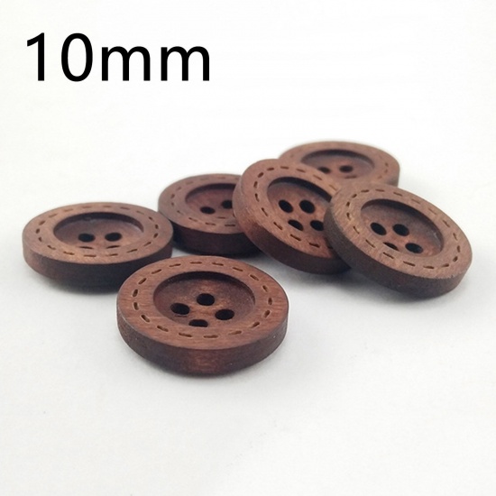 Picture of Wood Sewing Buttons Scrapbooking 4 Holes Round Coffee 10mm Dia., 100 PCs