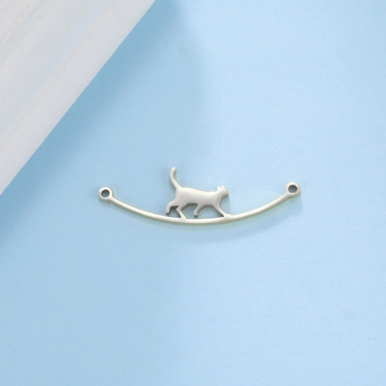 Picture of Eco-friendly 304 Stainless Steel Connectors Charms Pendants Silver Tone Cat Animal 31mm x 9mm, 1 Piece