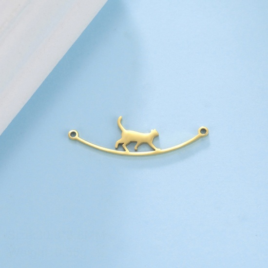 Picture of Eco-friendly 304 Stainless Steel Connectors Charms Pendants 18K Gold Plated Cat Animal 31mm x 9mm, 1 Piece
