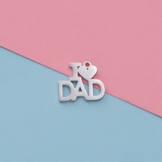 Picture of Eco-friendly 304 Stainless Steel Charms Silver Tone Heart Message " I Love Dad " Mirror 14mm x 16mm, 1 Piece